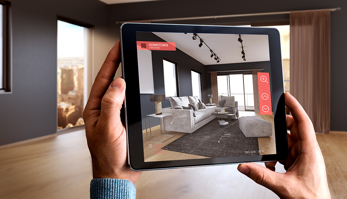 Augmented reality of a modern living room displayed on mobile device 